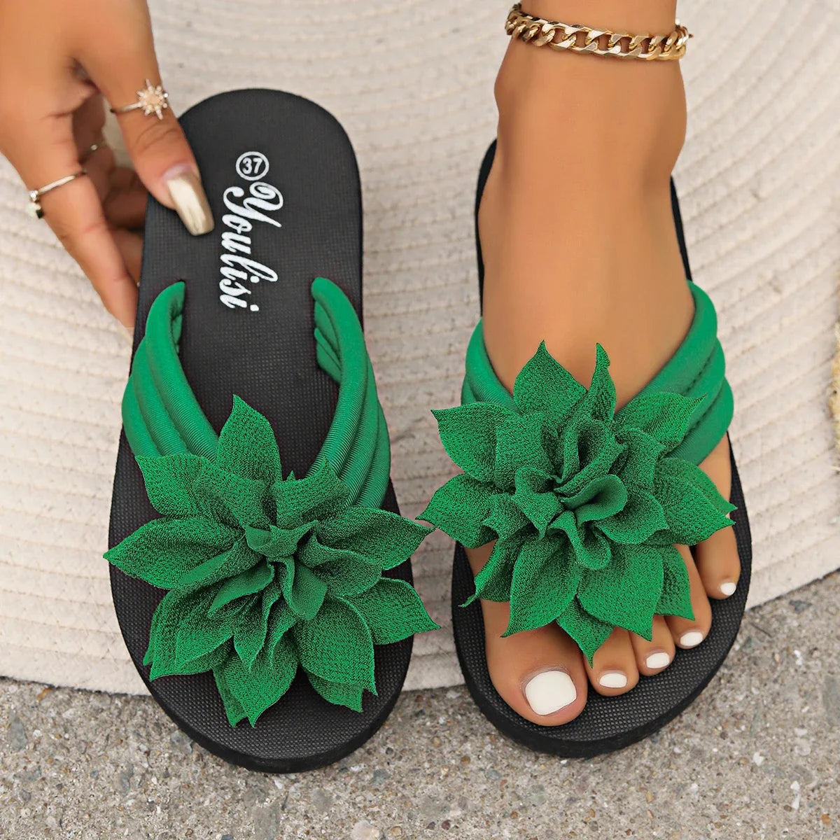 Women Slippers Lightweight Flat Sandals Fashion Flower Flip Flops Zpaxo green 37