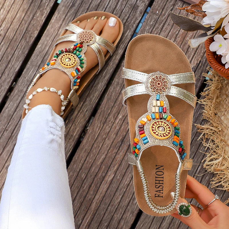 Summer Women Flat Sandals Bohemian Style Sandals Thick Sole Non Slip Beach Shoes Woman Colorful Bead Chunky Platform Shoes Zpaxo Gold 41