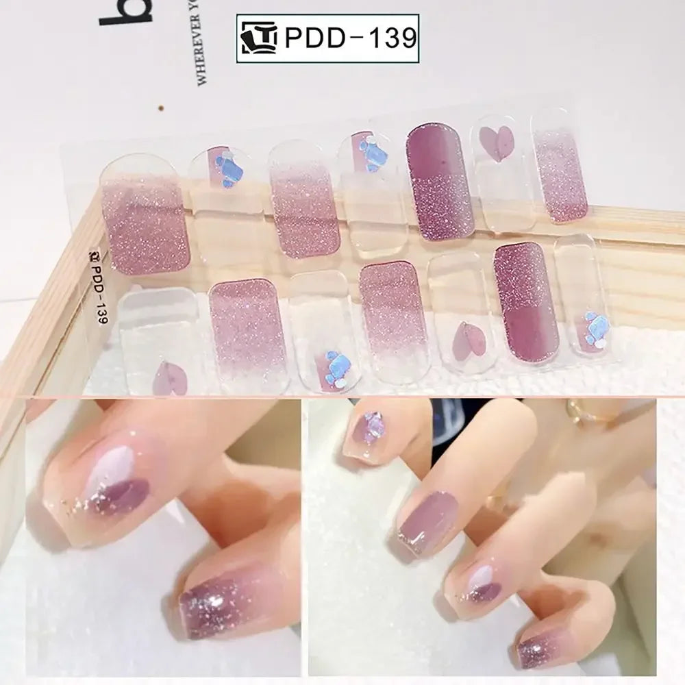 14Strips Gel Nail Stickers Full Cover Floristic Art Semi Cured Polish