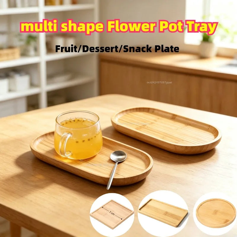 Multi Shapes Bamboo Durable Wear-resistant Wooden Tray Plant Saucer Tray Wood Coffee Tray Japanese Minimalist Style Zpaxo