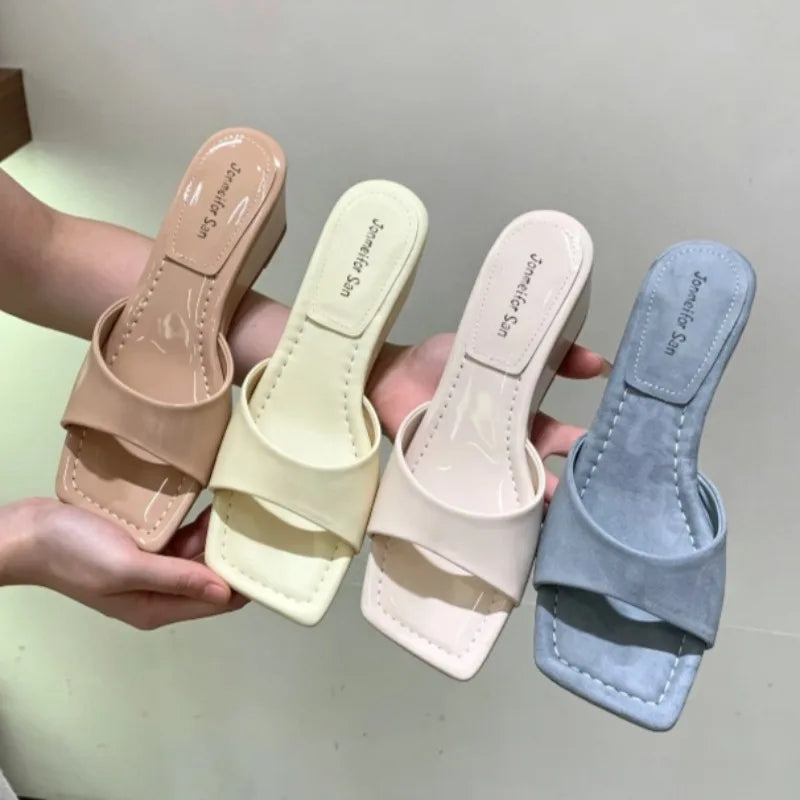 Women's Comfortable Square Open Toe Solid Elegant Wedge Heel Slippers Zpaxo