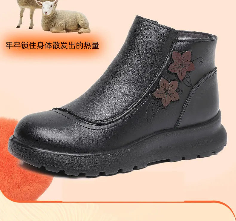Black Leather Winter Ankle Boots Women Faux Fur Lining Floral Zpaxo