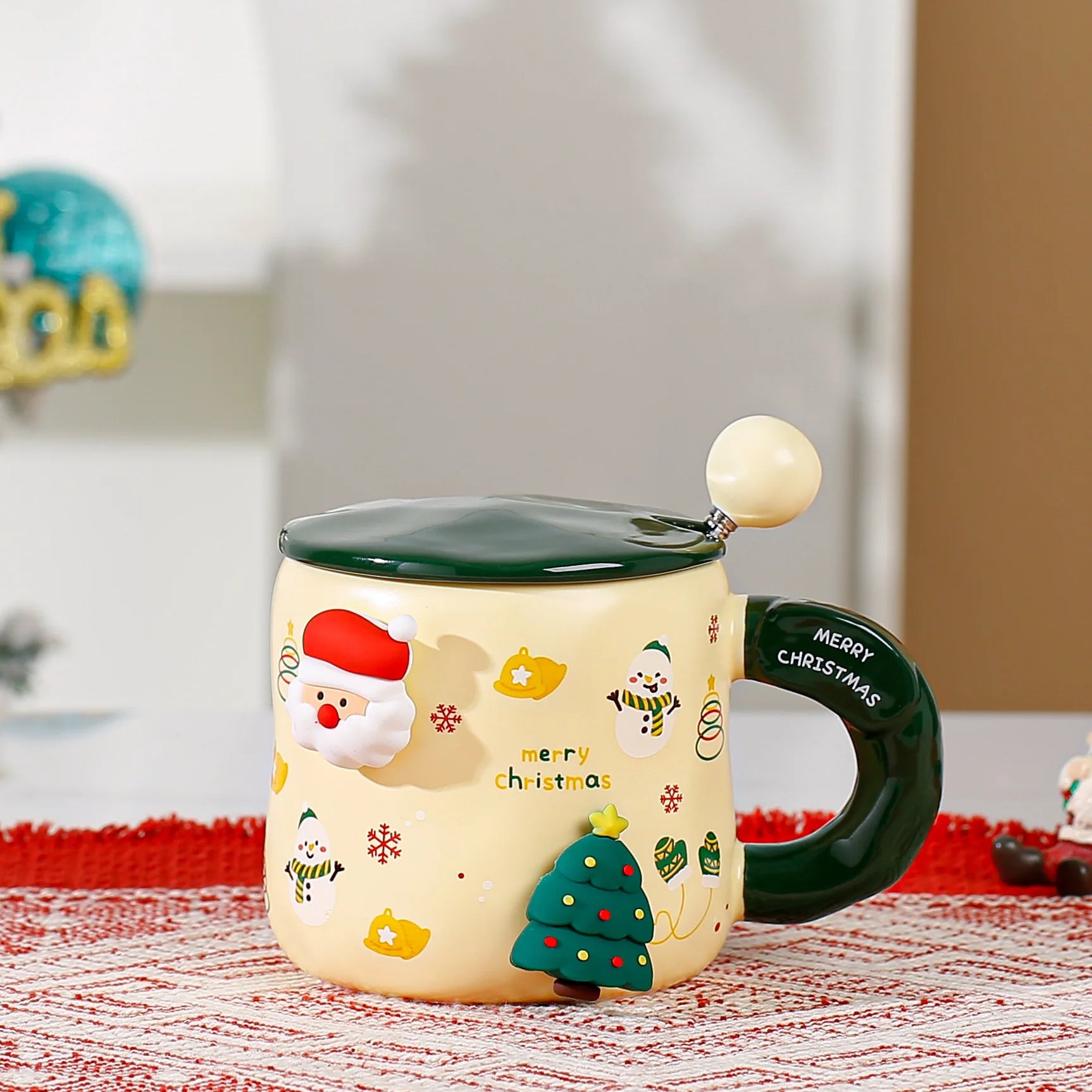 Christmas Themed Mugs Magnetic Attachment Lid Spoon Cute Ceramic Cup