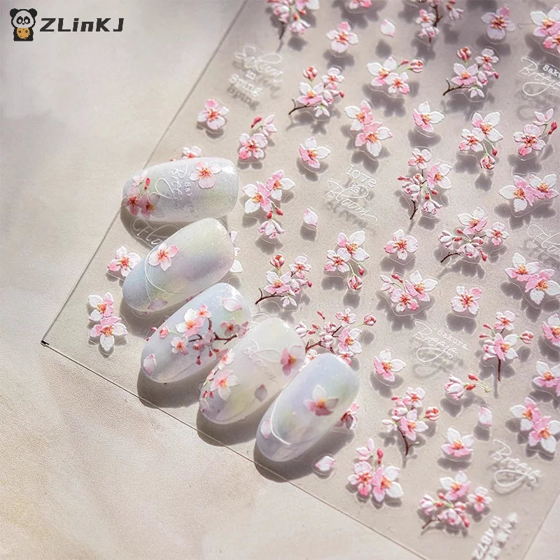 ▶1Sheet 5D Soft Relief Sakura Nail Stickers Nail Art Decoration Nail Decals Self-adhesive Flowers Sticker Press On Nails Sticker Zpaxo
