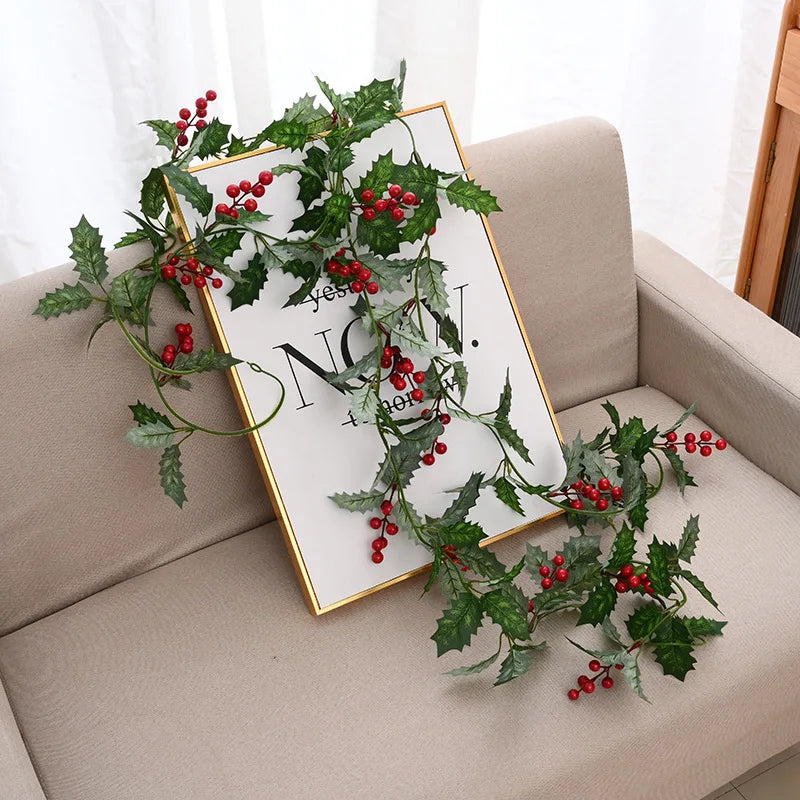 2M Artificial Holly Leaves Vine Red Berries Christmas Rattan DIY