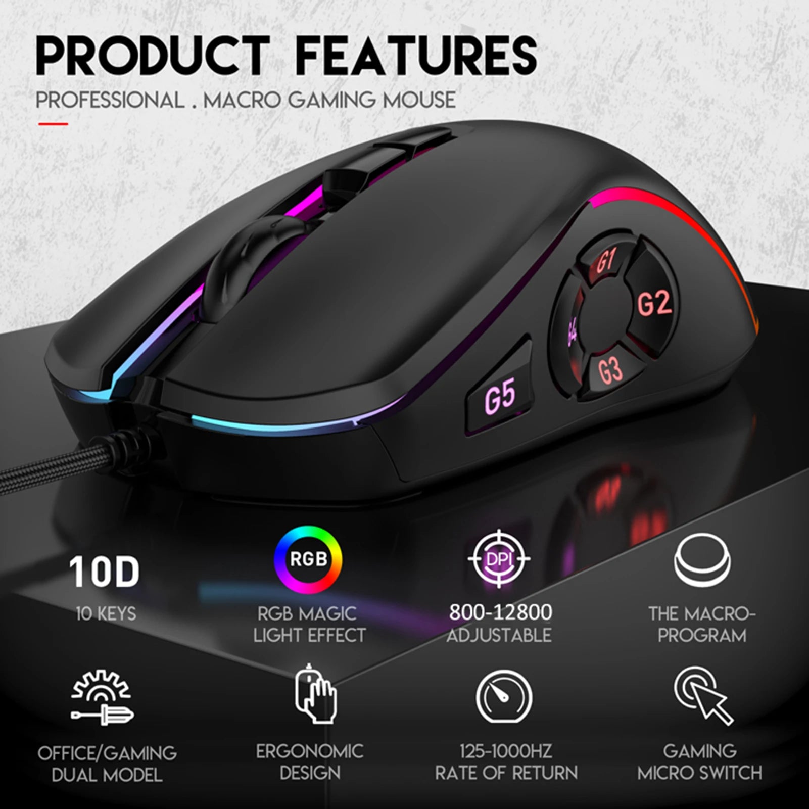 Wired Gaming Mouse DPI 800-12800 RGB Backlit 10 Programmable Buttons 14 Lighting Effects 6 Adjustable for PC Computer Zpaxo