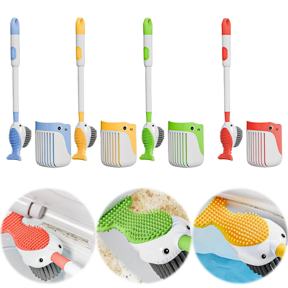 Cartoon Whale Toilet Brush Refillable Handle Dispenser Cleaning Wall
