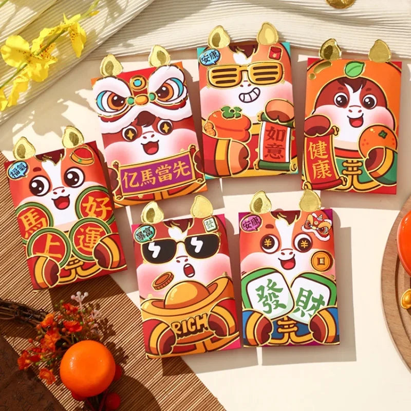 6Pcs 2026 Horse Year Cartoon New Year Red Packet Lucky Red Envelope Creative Spring Festival Birthday Wedding Lucky Money Pouch Zpaxo