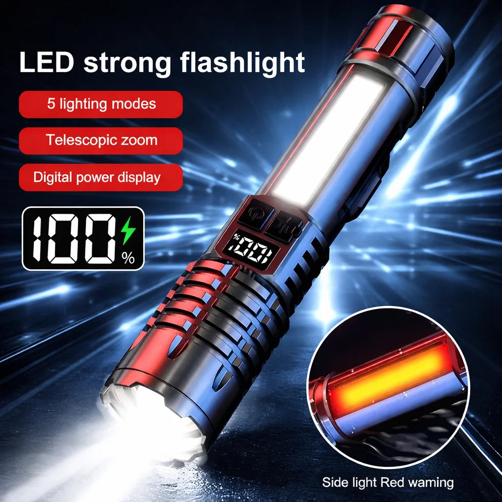 High Power LED Flashlight Type-C Rechargeable Waterproof Torch with COB Side Light Zoom Portable Camping Hiking Lamp Zpaxo