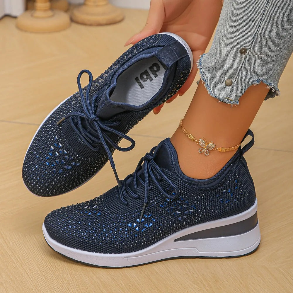 Women's Shiny Rhinestone Wedge Sneakers Breathable Knit Non Slip