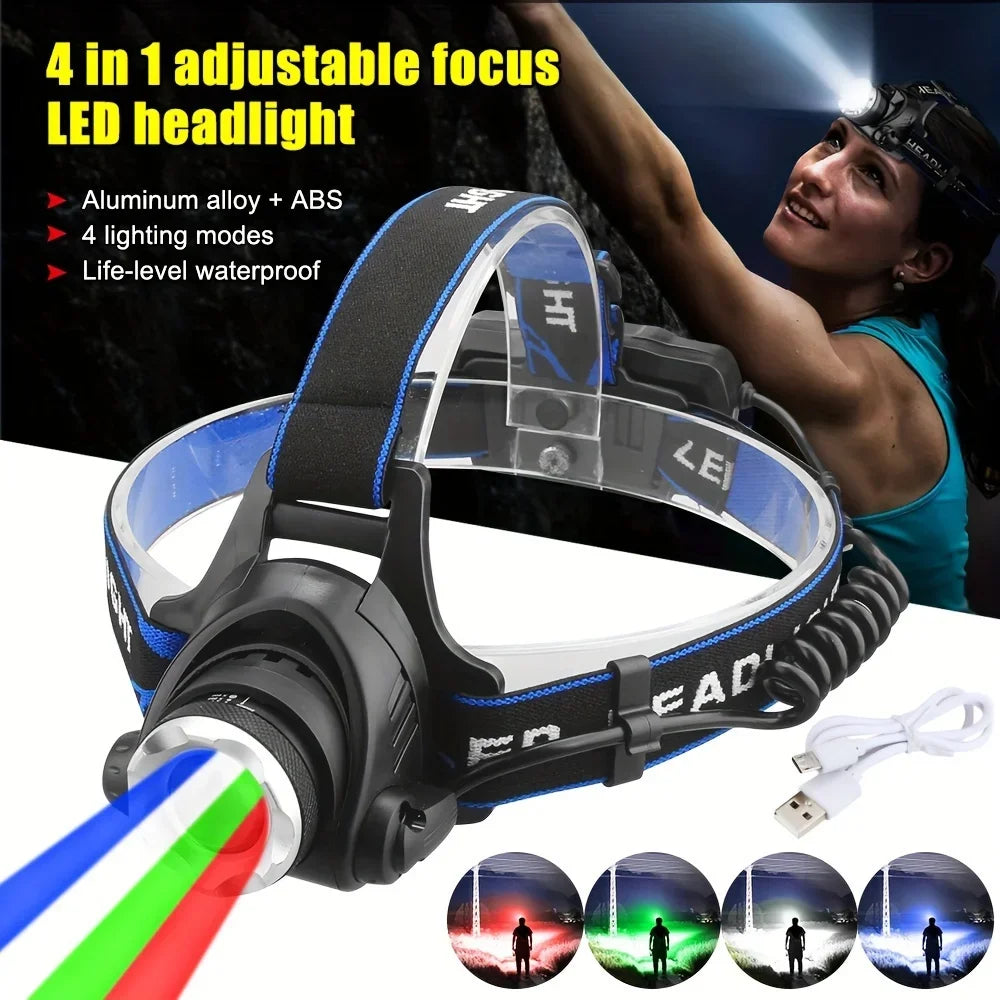 4-in-1 LED Headlamp – Zoomable Rechargeable Multi-Color Headlight
