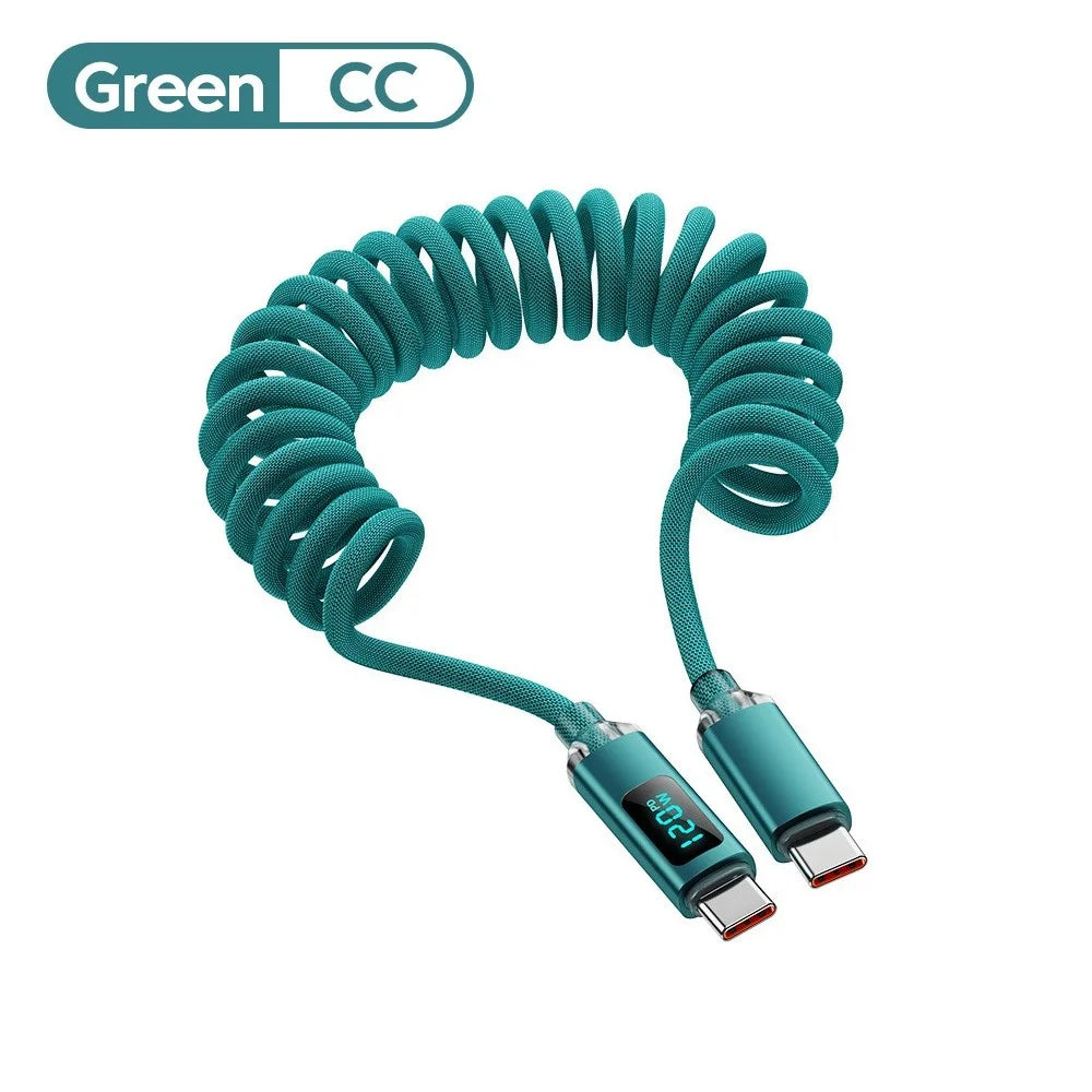 120W Retractable USB-C Cable – Fast Charging & Digital Display USB-C Charging Cable Zpaxo Green 1m