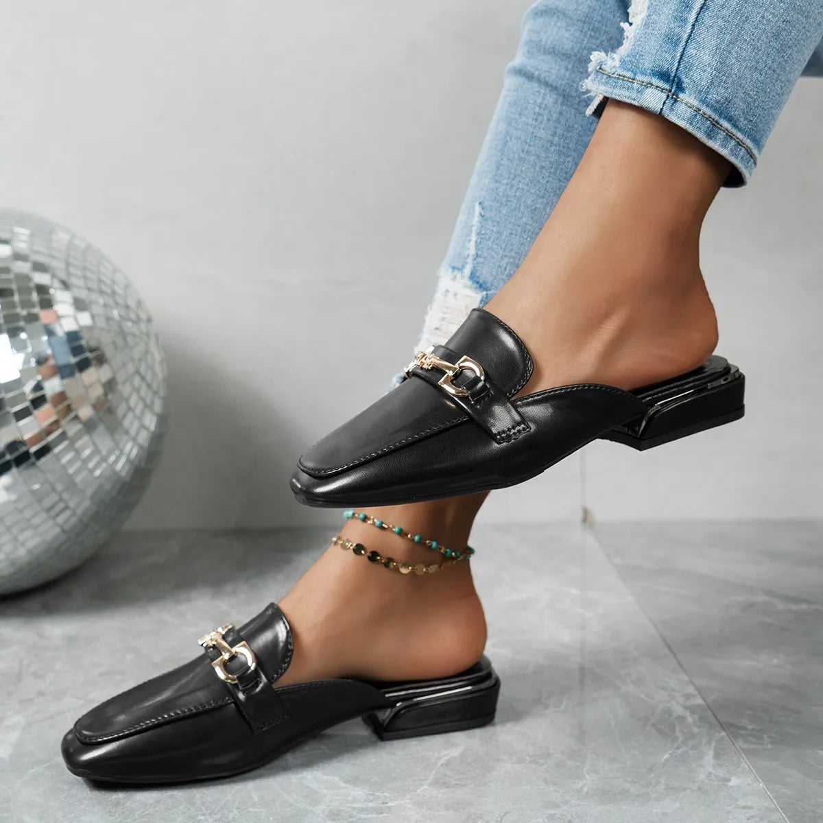Women Slippers 2025 Beach Big Sandals Fashion Metal Lady Mules Shoes Zpaxo black 43