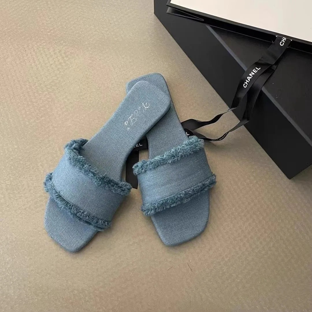 Summer Indoor Women Slides Shoes Women's Slippers Solid Color Open-toe Set Foot Vacation Beach Flat Sandals Casual Flip Flops Zpaxo blue 36