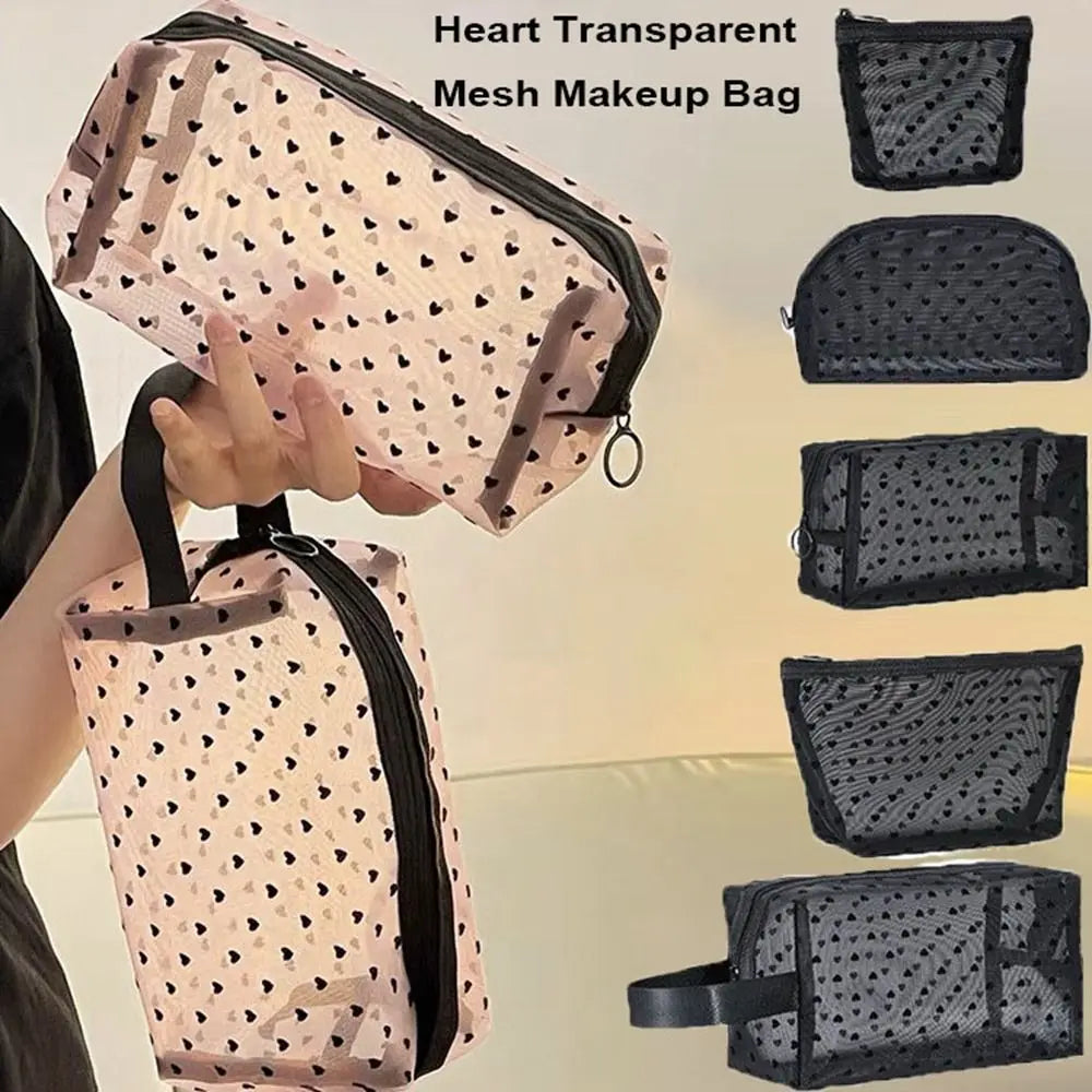 New Heart Transparent Mesh Makeup Bag Black/Pink Multifunction Ladies Toiletry Storage Bag Portable Women Cosmetic Storage Pouch Zpaxo
