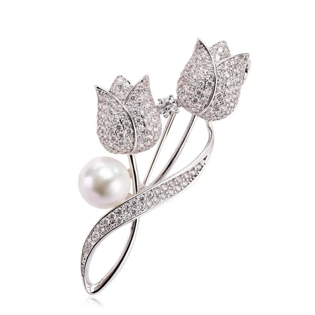 Luxury Zircon Tulip Flower Pearl Brooches For Women Fashion Crystal Floral Leaf Lapel Pins Banquet Patry Clothes Corsage Jewelry Zpaxo D