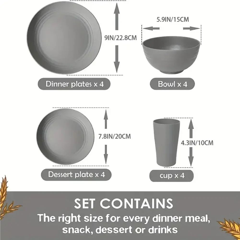New 16 Pieces/set of Non Fragile Meal Plates, Wheat Straw Dishes, Tableware Set, Microwave Dishwasher, Safe, Reusable Tableware Zpaxo