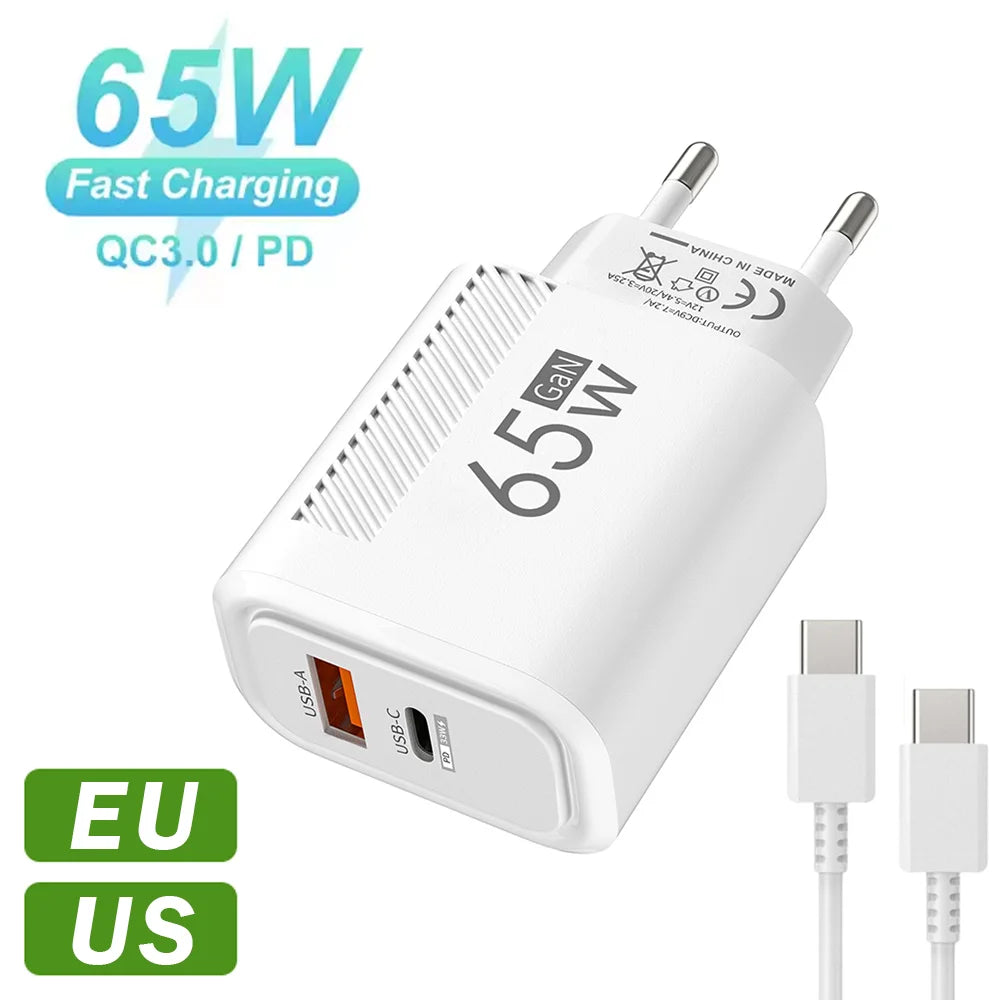 65W USB-C Charger GaN Fast Charging PD Type C Cable Mobile Phone Adapter For iPhone 16 Xiaomi Samsung Xiaomi QC 3.0 Wall Charger Zpaxo