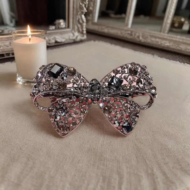 Upscale Black Crystal Bow Shaped Hairpin Rhinestone-embellished Zpaxo