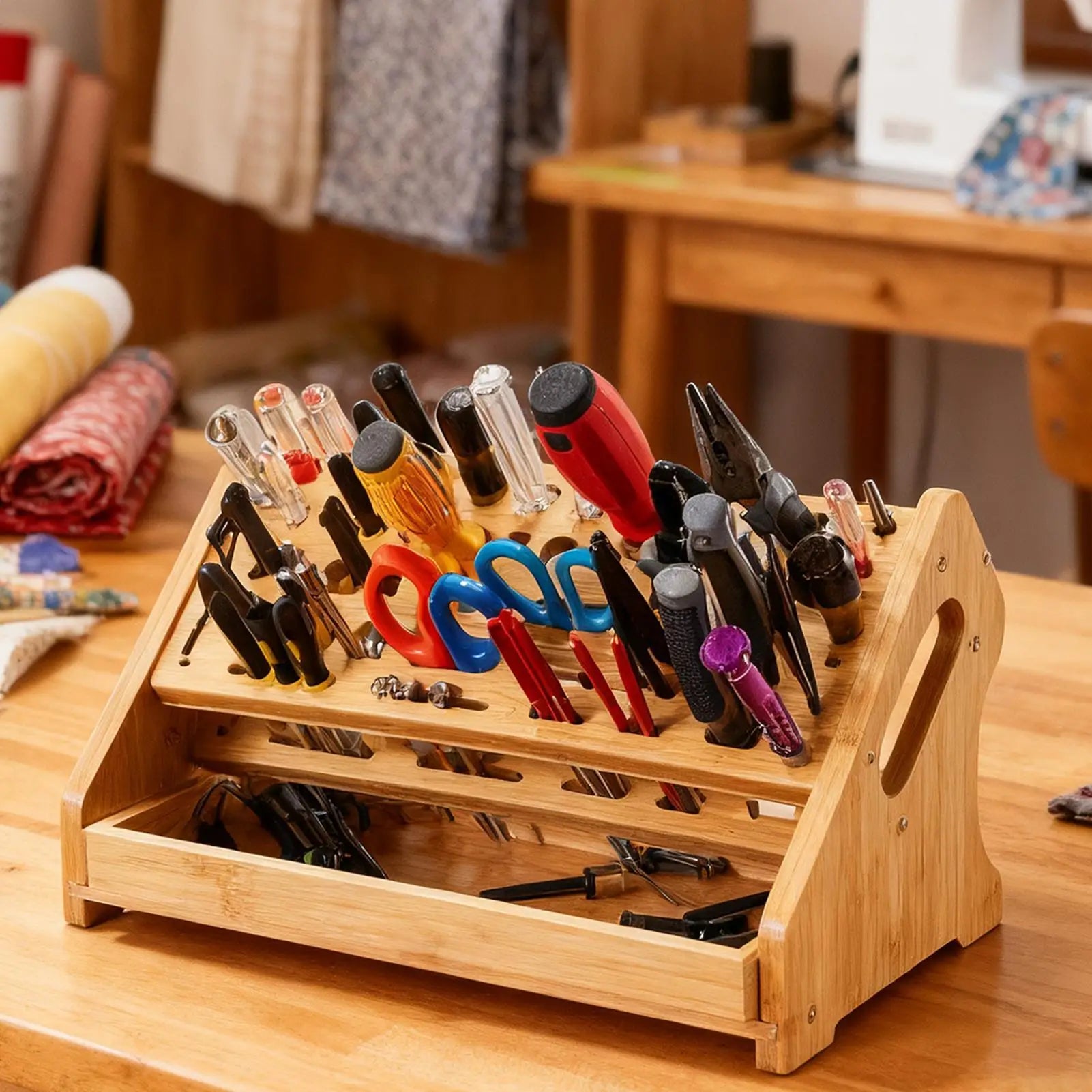 Plier Organizer Wooden 53-Hole Storage Stand Rack Tray Small Tool