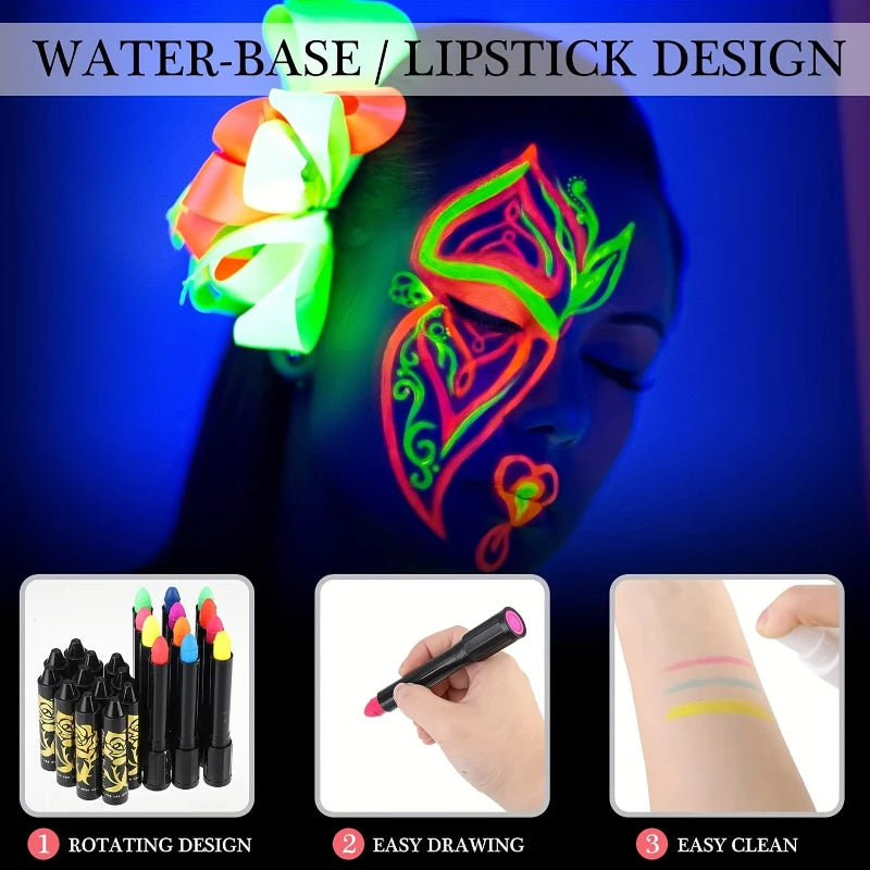 UV Neon Face Body Paint Fluorescent Glow Dark Crayons Sticks Mardi Zpaxo