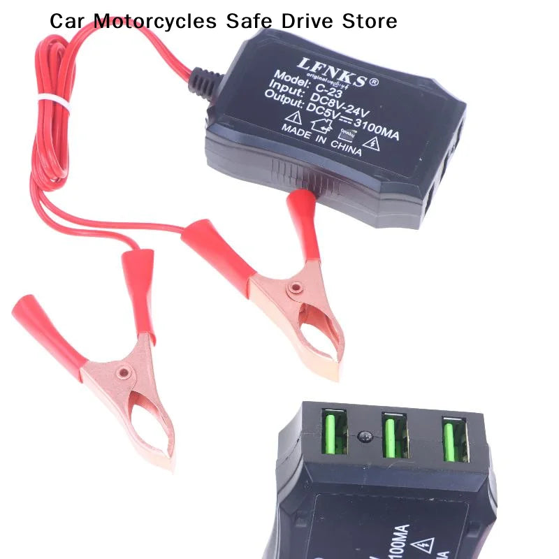 12V 24V 5V 3USB Port Power Adapter Battery Clip Charging Universal