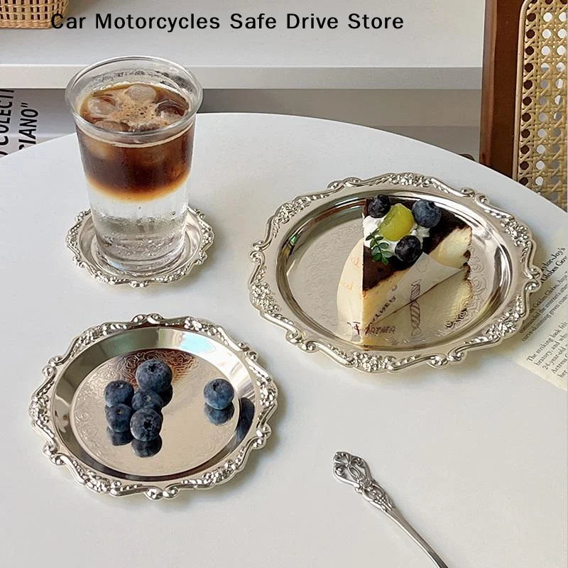 CMRetro Luxury Stainless Steel Plates Cake Dessert Tray Tea Snack