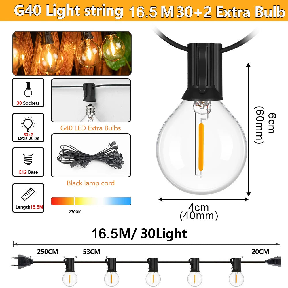 Outdoor String Lights G40 LED Patio Lights EU Plug Edison Bulbs Waterproof Hanging Light for Backyard Party Wedding Camping Lamp Zpaxo 16.5M 30Bulbs 220V-EU Plug