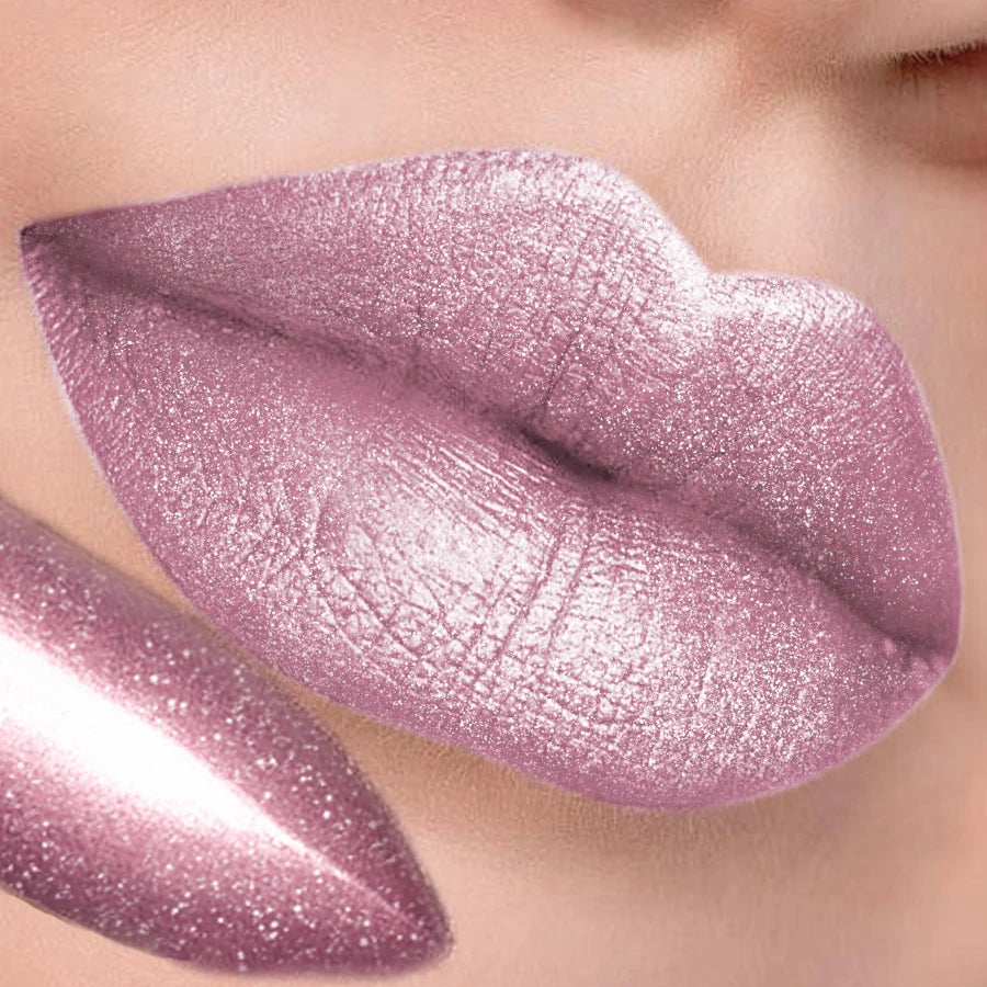 Pearlescent Pink Glitter Velvet Lipstick Metallic Long Lasting Matte
