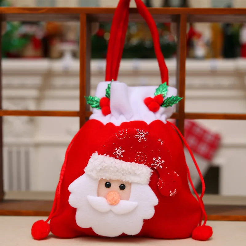 Reusable Christmas Bags Drawstring Santa Reindeer Snowman Design