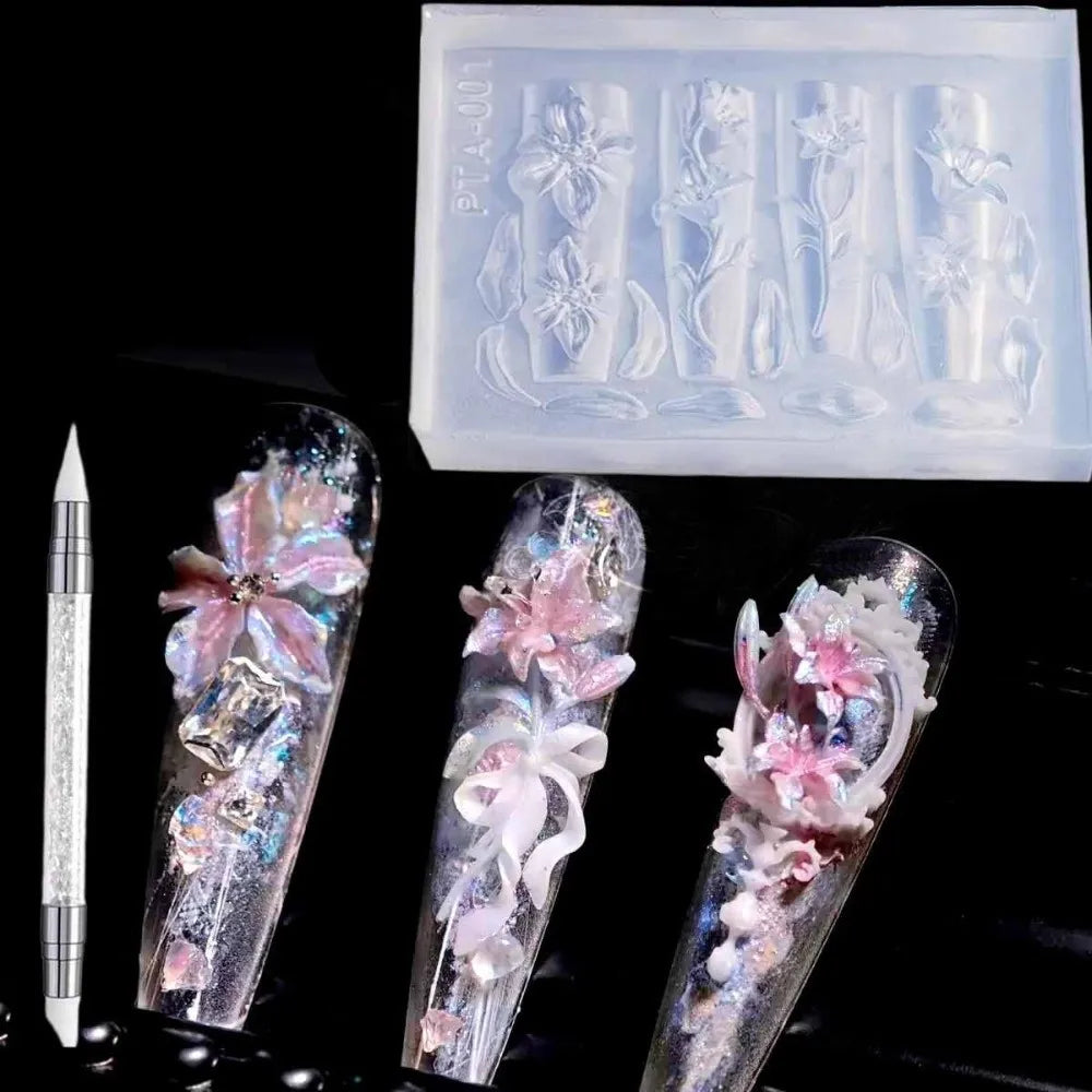 Clear Silicone Nail Carving Mold 3D Design 5-Petal Flower Art Molds Zpaxo