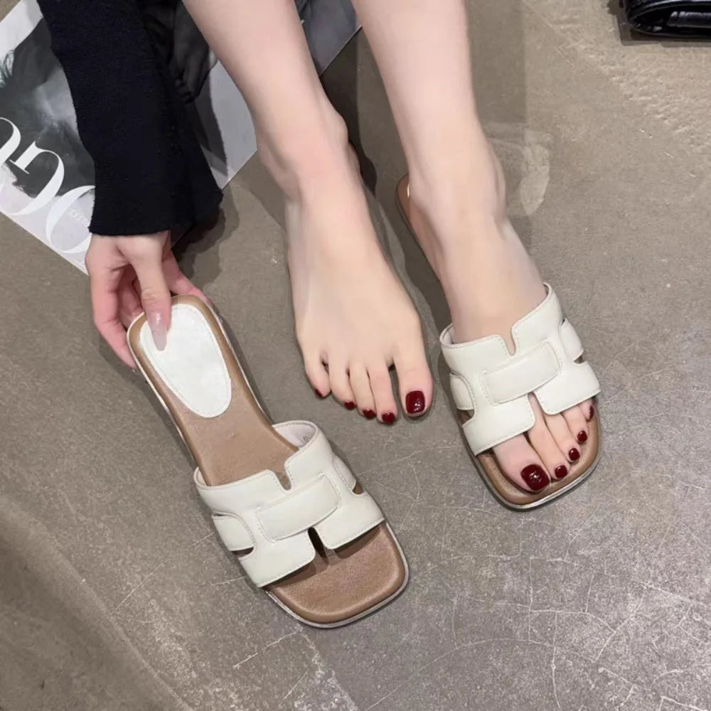 Brown Leather Ladies' Slippers Exposed Heels Flat Casual Couple Beach Zpaxo 40 Creamy-white