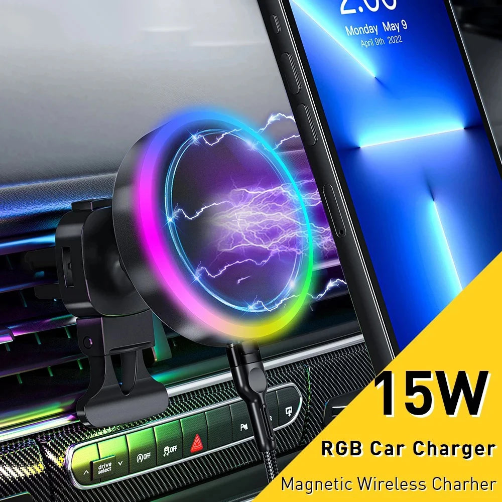 Magnetic RGB Wireless Charging Auto Holder 15W Fast Inflatable Car Navigation Phone Holder Auto Universal Phone Holder Stand Zpaxo
