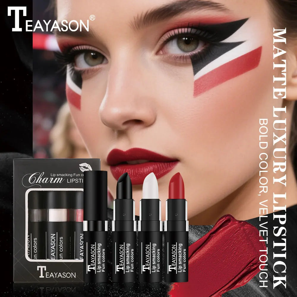 Three-Piece Lipstick Set, Velvet Matte, Brightening Lipstick, Long-Lasting, Non-Drying, Black, White, Red, Waterproof, Sweat-Proof, European and American Style Lipstick Set Zpaxo
