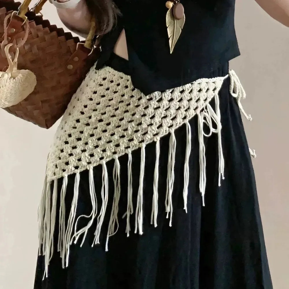 New Adjustable Hollow-Out Mini Skirt Fringe Trim Hand-knitting Fashion Bandana Y2K Streetwear Waist Hip Wrap Travel Accessory Zpaxo