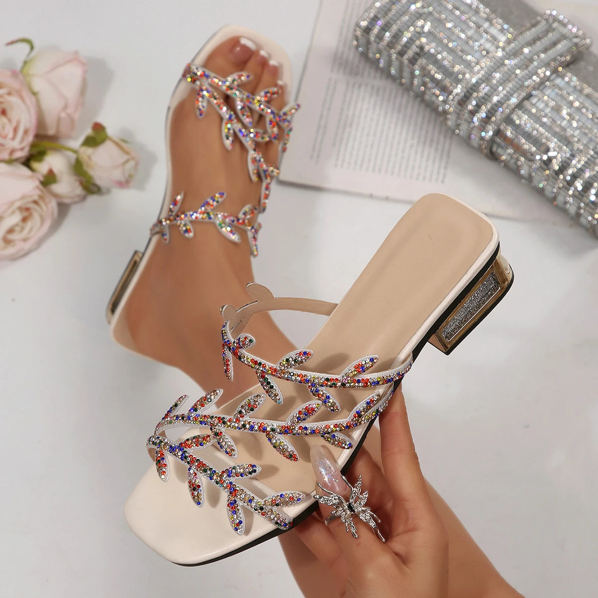 2025 New Women Sandals Summer Crystal Narrow Strap Sandals Luxury High Heels Daily Wear Shoes Women Fashion Lightweight Shoes Zpaxo