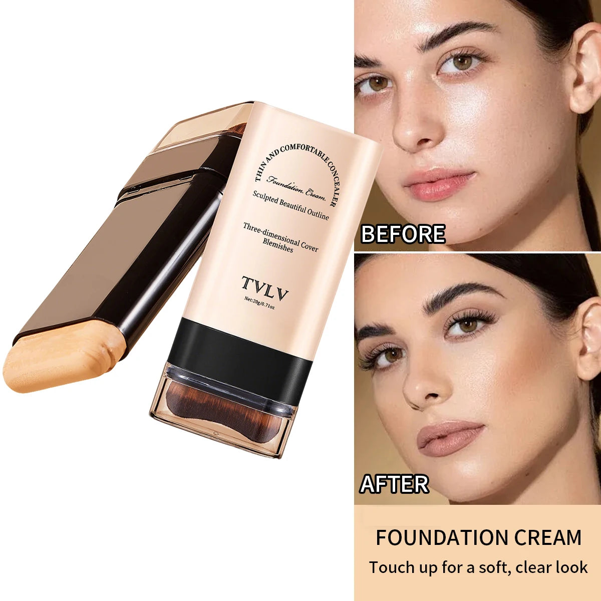 Brush-Tip Concealer Foundation Cream - Enhance Makeup Long Lasting Pigmented, Natural Soft Daily Look Zpaxo