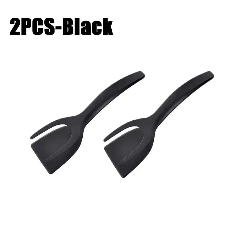 2-in-1 Egg Spatula Tongs Cooking Utensils Kitchen Accessories Pancake Cooking Machine Flip Pliers Nylon Clip Gadget Tools Zpaxo 2PCS-Black