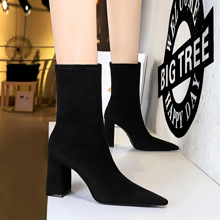 43 Thick Heel Ladies Work Boots Black Flock Sexy Slim Slip-on Ankle Zpaxo