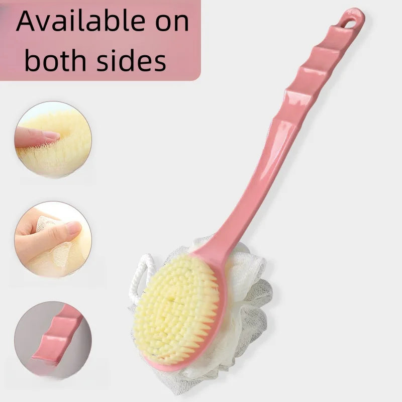 Dual-purpose long-handled bath brush with soft bristles for home use, with bath flower, for scrubbing back during bath Zpaxo blue