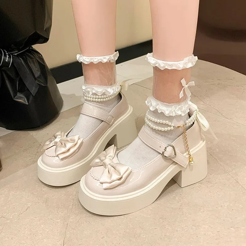 Women's Bow Embellishment Pearl Chain Thick Sole Heel Lolita Shoes Zpaxo