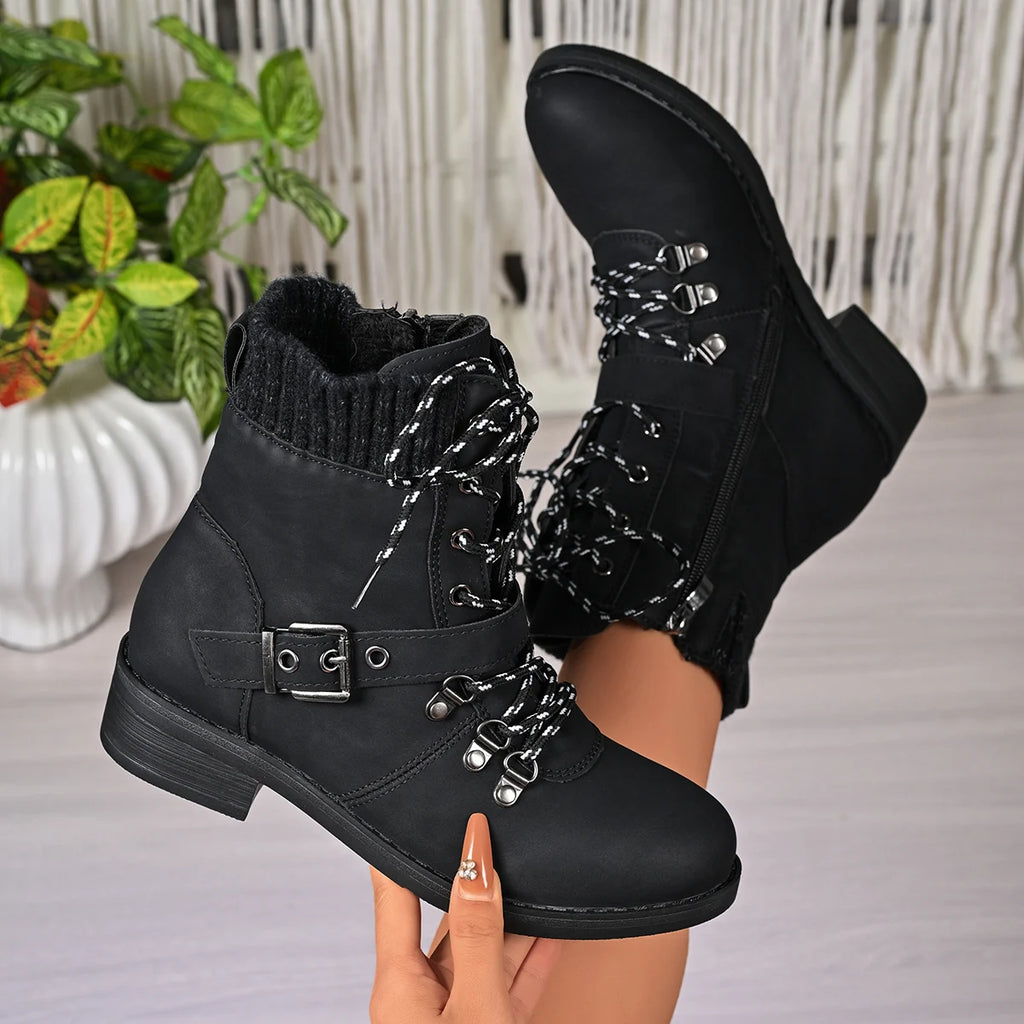 Large Size Women Ankle Boots Round Toe Fashion Shoes Women Low Heel Square Heel Mid-Calf Boots Comfortable Korean Style Shoes Zpaxo