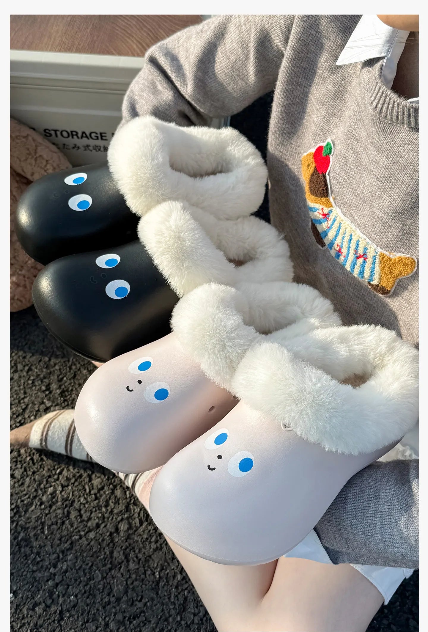 SHAJI Women 2026 Smiley Face Waterproof Winter Slippers Closed Back