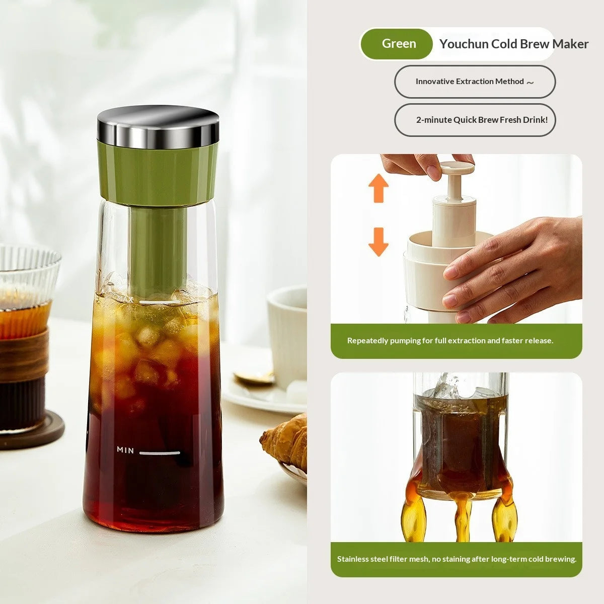 Cold Extraction Pot, High Borosilicate Pressure Coffee Pot, Cold Water Kettle, Cold Tea Pot, Outdoor Portable Water Kettle Zpaxo 750ML Green