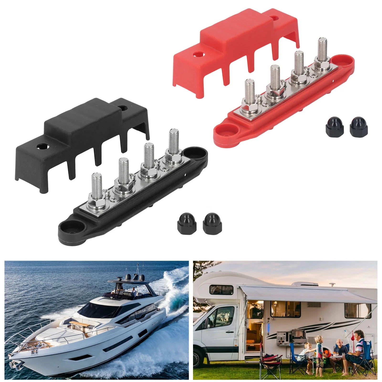 2-piece 4-Position M8 Bus Bar Red Black 48VDC 250A Perfect RV Yacht
