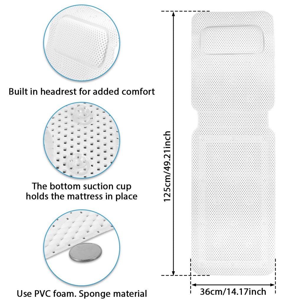 Non-slip Bathtub Cushion Mat with Suction Cup Full Body Rest Bath Pillow SPA Neck Cushion Hangable Bathroom Safety Accessories Zpaxo