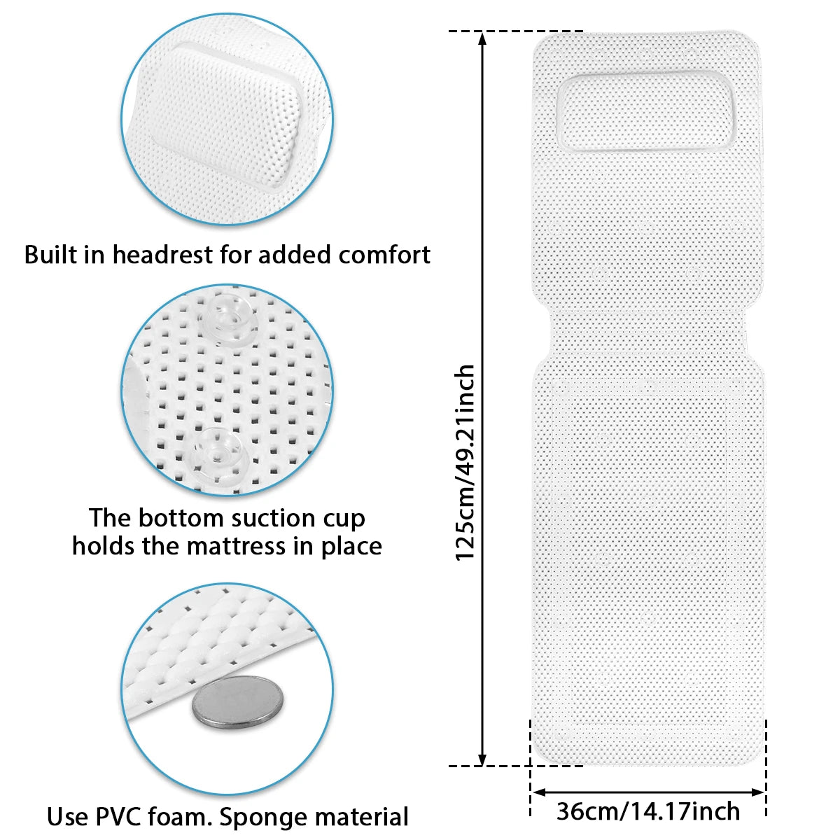 Non-slip Bathtub Cushion Mat with Suction Cup Full Body Rest Bath Pillow SPA Neck Cushion Hangable Bathroom Safety Accessories Zpaxo