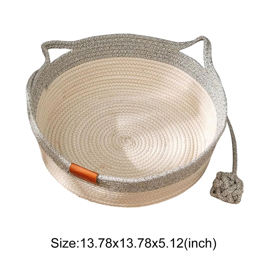 Japanese Pet Cat Bed Round Hand Woven Rattan Cat Beds Summer Cooling Kitten Basket Cotton Rope Enrichment Bed w/ Interactive Toy Zpaxo Light Grey