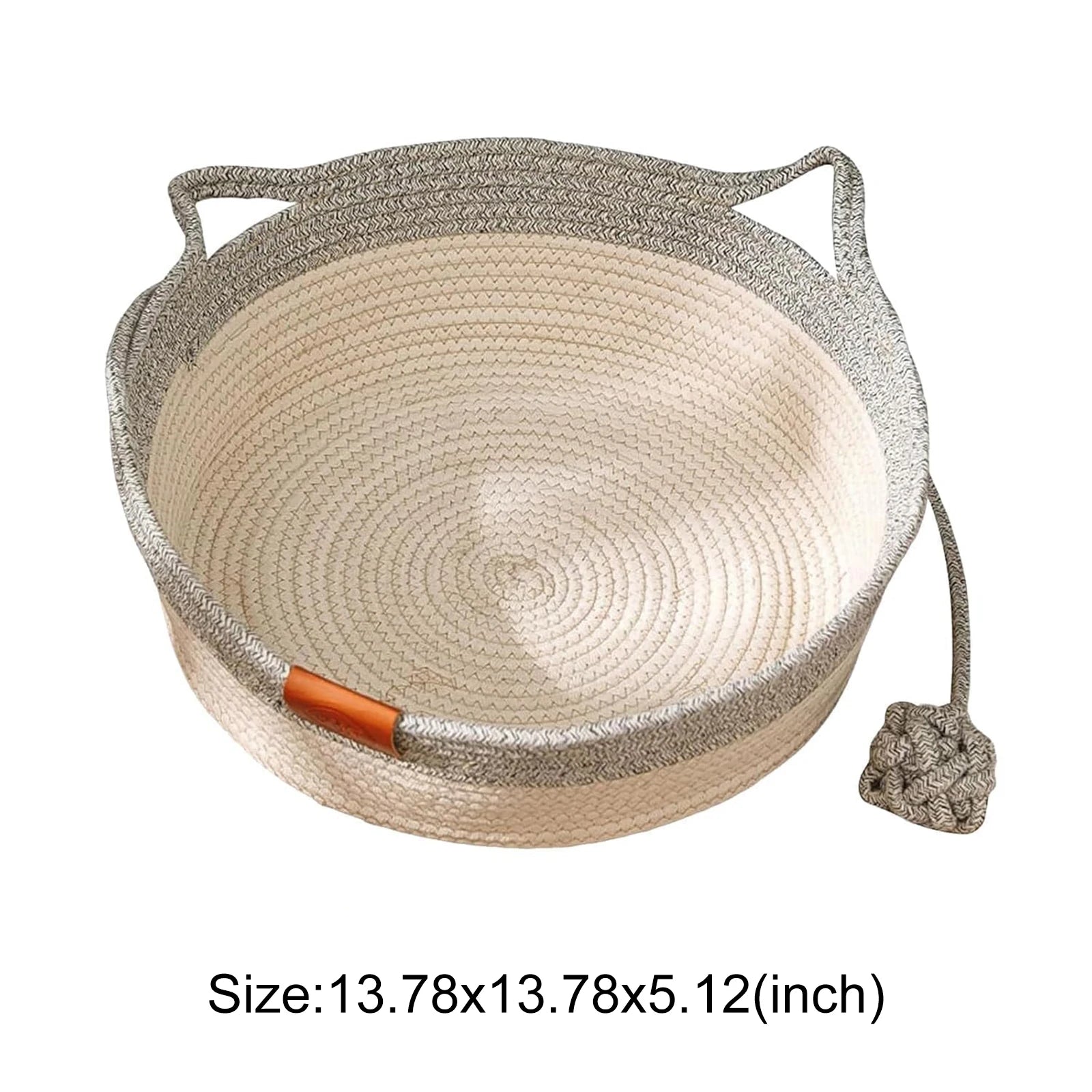 Japanese Pet Cat Bed Round Hand Woven Rattan Cat Beds Summer Cooling Kitten Basket Cotton Rope Enrichment Bed w/ Interactive Toy Zpaxo Light Grey