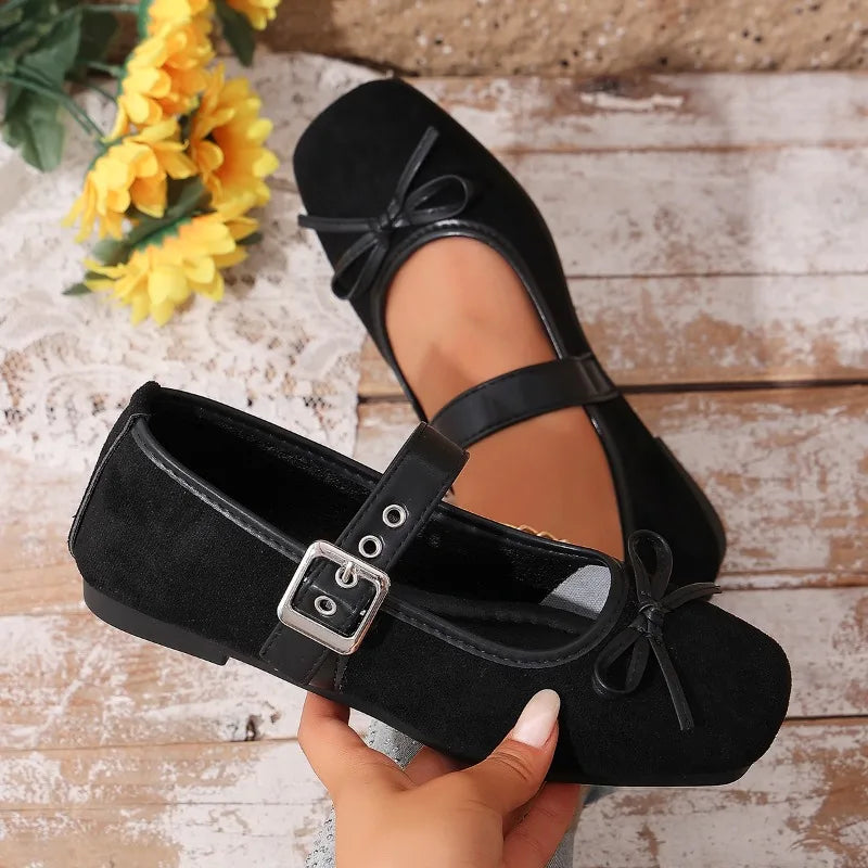 Square Closed Toe One-word Buckle Strap Solid Bow Embellishment Zpaxo